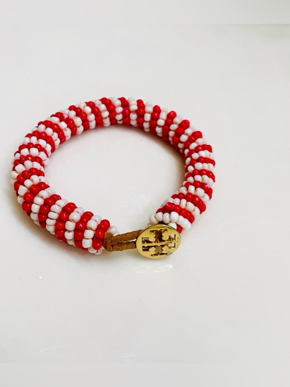 Tory Burch Beaded Red and White Bracelet with Gold Logo Accent